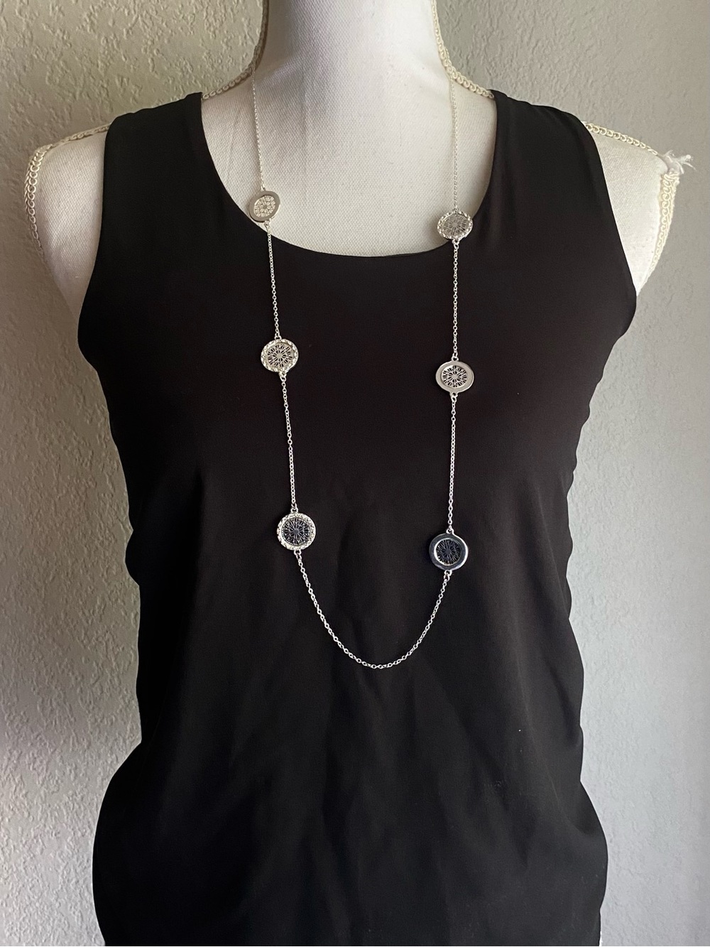 Long Silver Circle Station Necklace